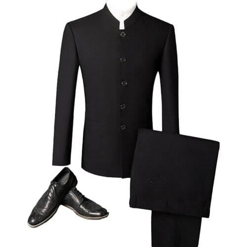 Mens stand-up collar slim business casual wedding jacket mens Zhongshan suit jacket pants