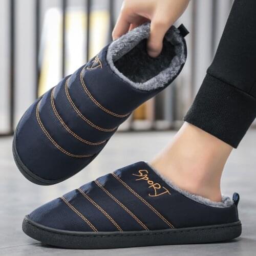 Mens Slippers for home 2020 Winter Non Slip Plush Warm Male House Shoes Stripe Unisex Indoor plus size 36-47