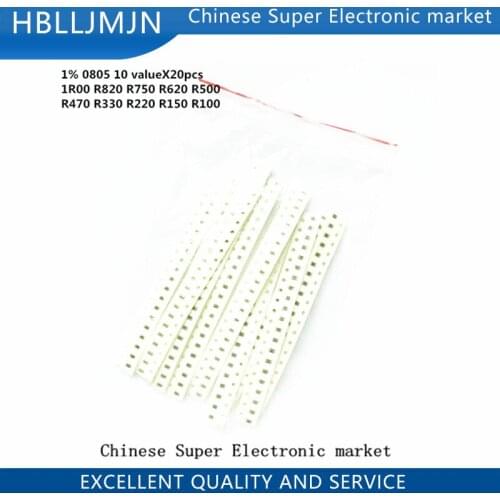 200PCS 1% 0805 SMD resistors assorted kit set ,10 valueX20pcs=200pcs 1R00 R820 R750 R620 R500 R470 R330 R220 R150 R100