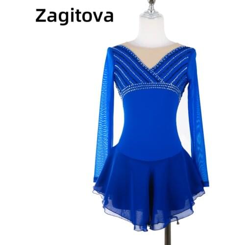 Royal Blue Figure Skating Dress Women And Girls Ice Skating Clothes Long Sleeve V-neck Stripe With Rhinestones