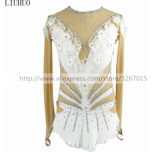 Rhythmic gymnastics show clothing Figure Skating Dress Womens Girls' Ice Skating Dress White round neck long sleeve Flowers