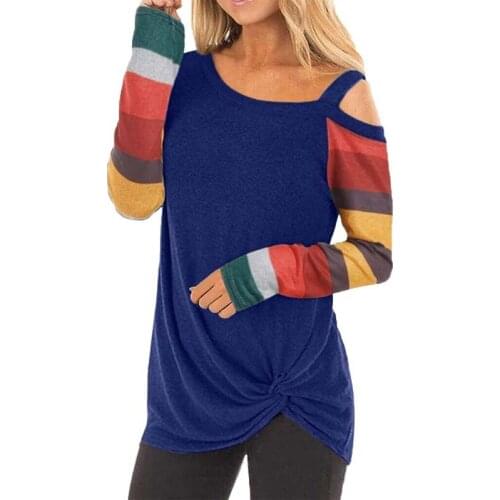 Striped Long Sleeve Sexy Slanted Collar Twisted Ladies T Shirt Suspenders Slim Casual Streetwear Plus Size Ladies Top