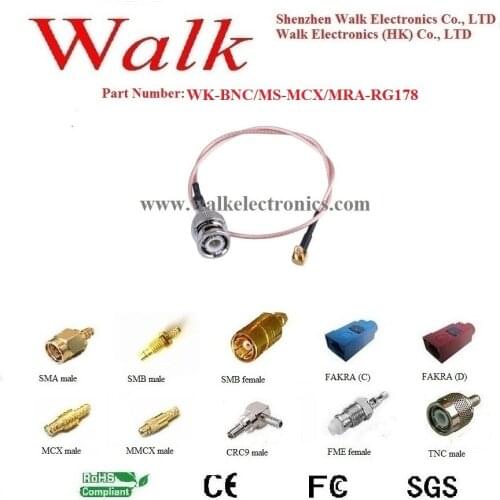 MCX BNC rf cable assembly/MCX interface cable/BNC cable antenna: BNC male straight to MCX male right angle with rg178 cable
