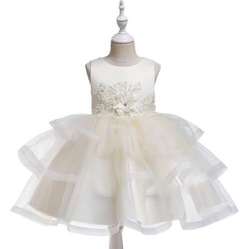 Champagne Ballgown Sleeveless Tulle Flower Girl Dresses with Flowers Long Communication Dress For Wedding Evening Gowns