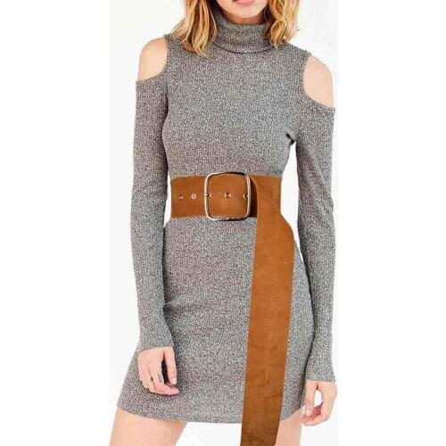 HATCYGGO Female Wide Cummerbunds Vintage Suede Waist Belt For Women Fashion Large Square Buckle Strap Clothes Decor Waistband