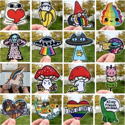Prajna Cute Cartoon Embroidered Patches for Clothing Animal Dog Stripes Patch Stickers Gay UFO Patch Iron on Patches for Clothes