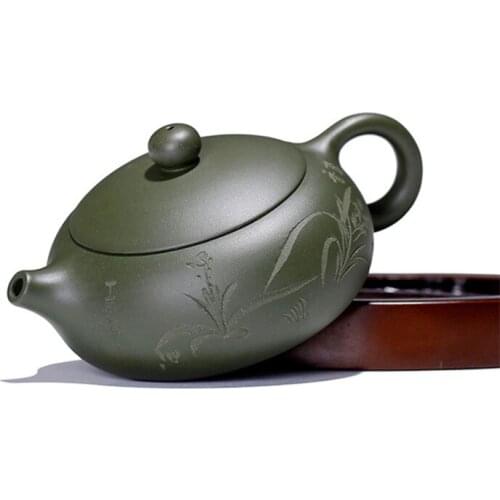 Yixing Purple Clay Mine Green Mud Hand Carved Orchids Tea Pot Creative Teapot Office Water Pot Kung Fu Kettle Teaware Gift