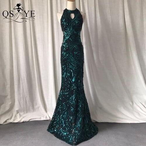 Green Evening Dresses Mermaid Halter Neck Long Evening Gown Elegant Glitter Sequin Pattern Formal Party Women Emerald Dress