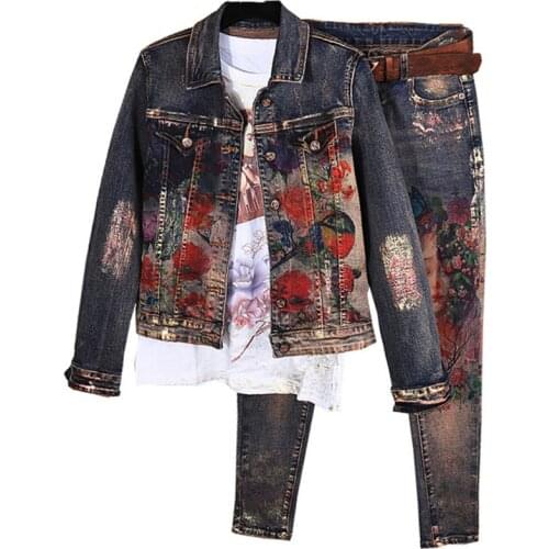 Flowers Print Denim Jeans Jacket Pants Suit Lady Two Pcs Elastic Material Painting Fashion Trends Women Set Bronzing Thin