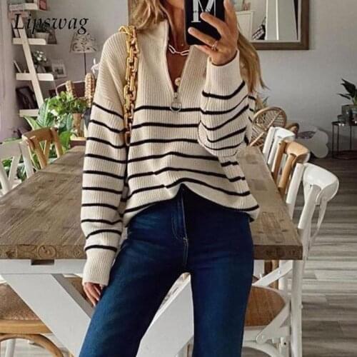 2021 Fashion Casual Zip V-Neck Loose Knitted Tops Jumper Autumn Winter Sweater Women Vintage Patchwork Striped Harajuku Sweaters