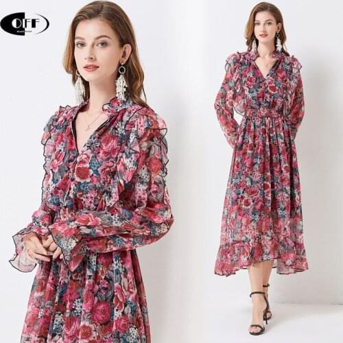 Beach Bohemia Chic Maxi Dresses For Women Elegant Ruffles Floral Printed Long Sleeve On Holiday Elastic Waist Ladies Party Dress