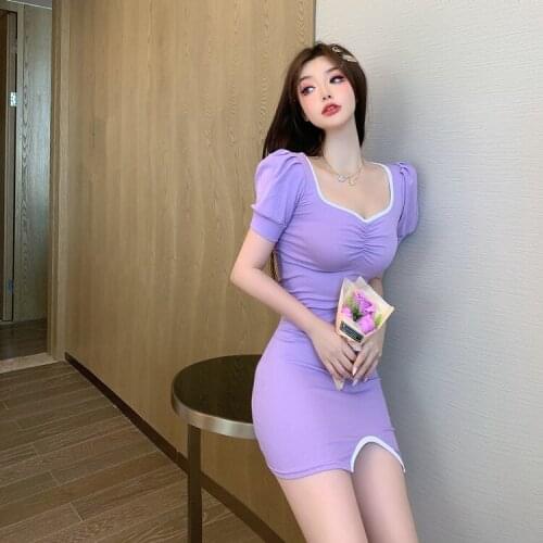 Woman Skinny Dress Spring Summer Square Neck Short Sleeve Vintage Low Cut Dress Women Sexy High Slit Elegant Mini Dress Robes