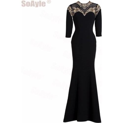 SoAyle Robe de Soiree Black Evening Dress Plus Size O-neck three quarter sleeves mermaid cut long dress with beading Formal Gown