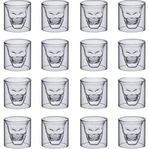 2-16PCS Skull Cup 25ML Double Transparent Glass Whiskey Vodka Water Coffee Wine Champagne Mugs Milk Cocktail Wine Drinkware Set