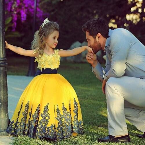 2021 Sexy Cheap Yellow Blue Ball Gown Girl Pageant Dresses With Sash Ribbon Flower Girl Dresses Kids Formal