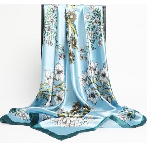 2021 Women Silk Square Scarf 90*90cm Kerchief Satin Shawl Muslim Headband Scarves Fashion Print Bandana Soft Summer Beach Wrap