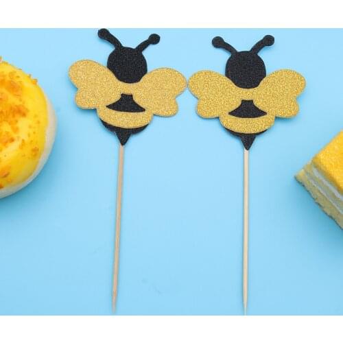 24 Pcs Paper Cake Toppers Shiny Bee Cupcake Toppers Honeybee Fruit Picks Dessert Decorative Supplies for Kid Birthday Party