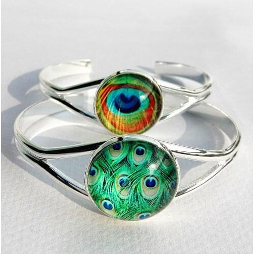 24pcs(Mixed 6 style) Peacock feather pattern bracelet Glass Cabochon Bangle charming colorful feather silver bangle