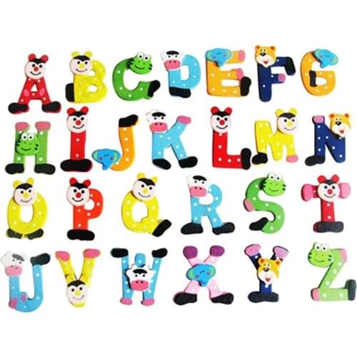 26 Pcs Cartoon Alphabet Letters Wooden Fridge Magnet Educational Kids Toy