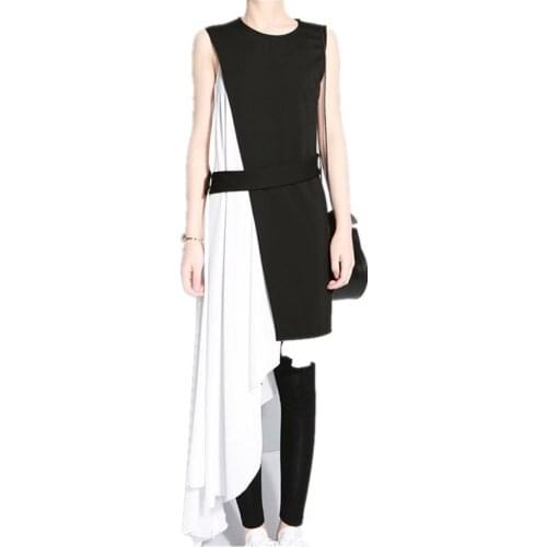 Girls Black vs White Patchwork Dress Irregular Hem Womens Summer Strap Dresses