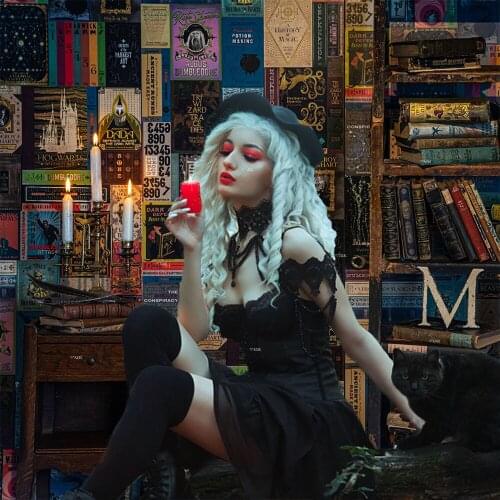 Vintage Books Wooden Bookshelf Backdrop Photography Halloween Magic Shool Student Study Portrait Background Photocall Photozone