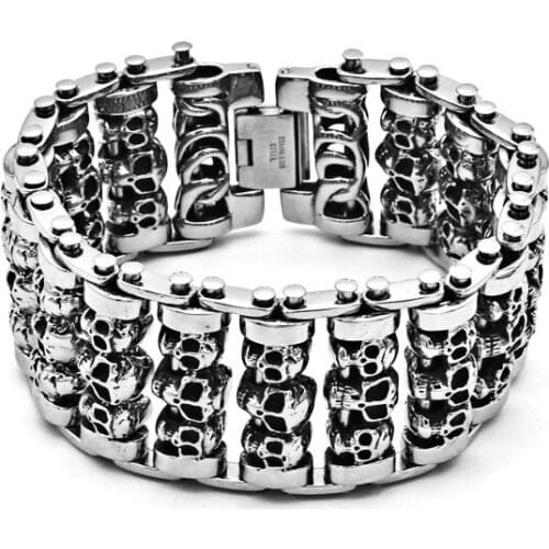 Hip Hop Jewelry Heavy Big Wide Version of Mens Skeleton Bracelet Punk Multiple Skull Heads Charm Bracelets Biker Hand Chain