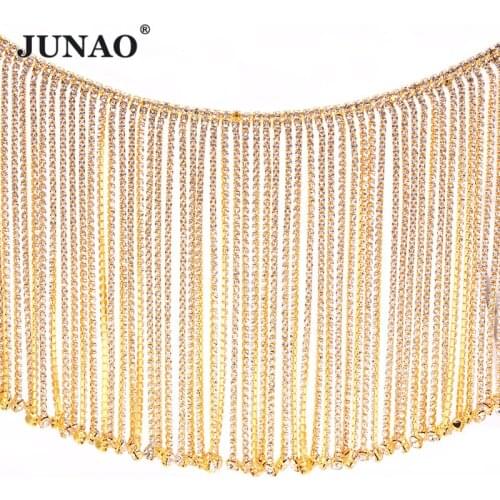 JUNAO 45cm/lot Gold Rhinestones Fringe Chain Glass Crystal Ribbon Trim Golden Applique Sewing Strass Banding For Clothes