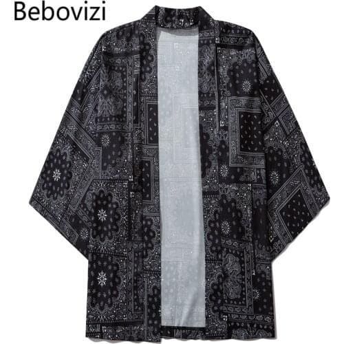 Bebovizi Black Cashew Flowers Print Kimono Men Women Harajuku Japanese Style Traditional Cardigan Yukata Streetwear Haori Obi
