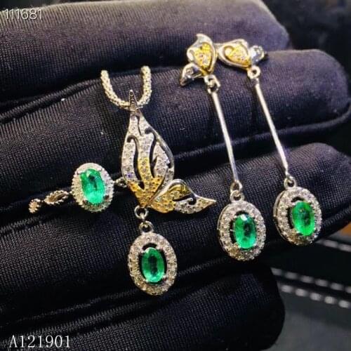 KJJEAXCMY exquisite jewelry 925 sterling silver inlaid natural emerald lady Pendant Necklace Ring Earring Set support detection