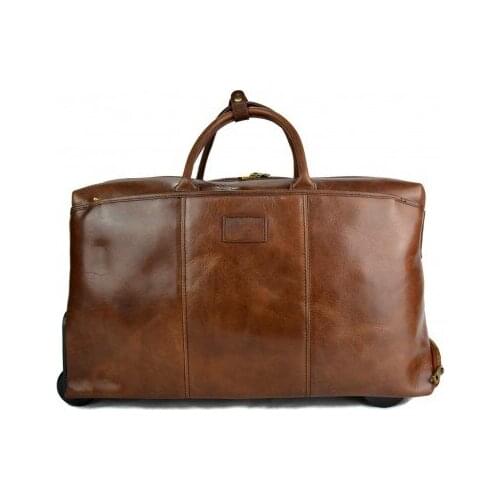 Brown leather duffle trolley travel bag weekender overnight