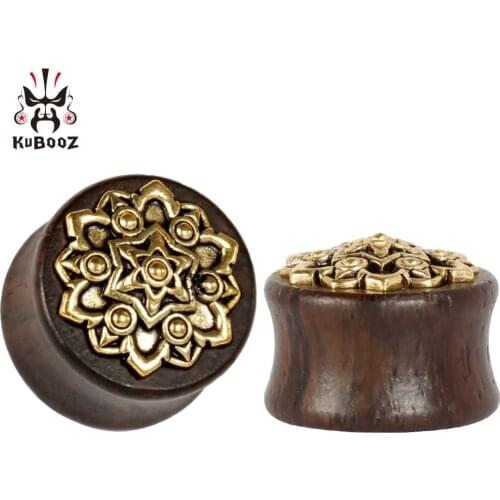 Kubooz piercing wood metal gold inlaid leather gray ear plugs and tunnels body jewelry ear gauges pair sellings