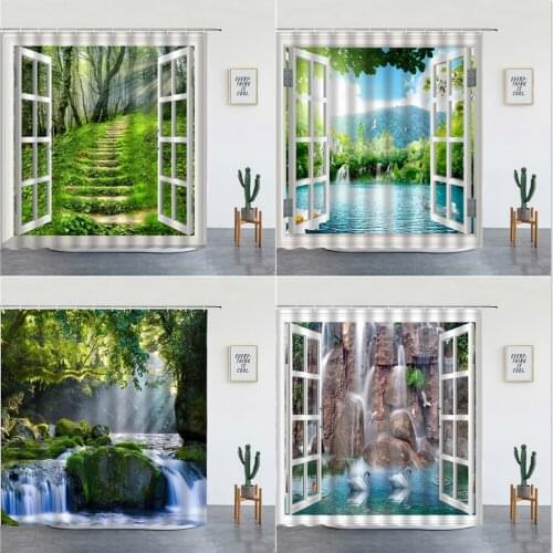 Forest Waterfall Scenery Shower Curtains Green Tree Natural Landscape Bathtub Screen For Bathroom Background Wall Hanging Decor
