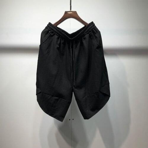 Summer Yamamoto style original personalized slant leg design loose imitation hemp non iron mens shorts casual Capri thin