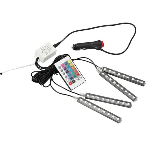 Multicolor 4pcs Car Decorative RGB Strip Interior Light with Remote RF Controler 12V with Cigarette Lighter Under Dash Kit