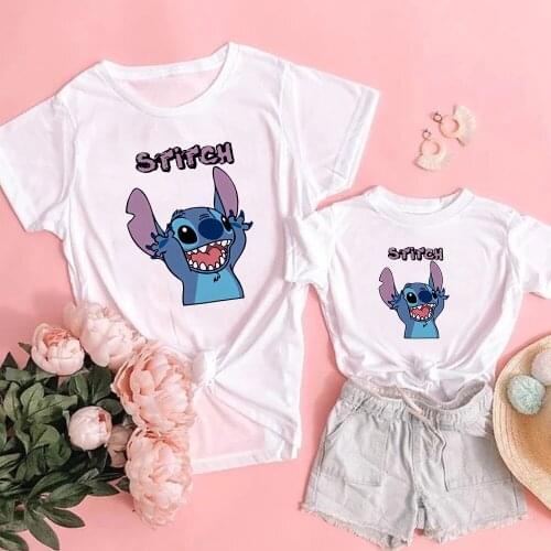 Fashion Matching Family Look Happy Stitch Disney Cartoon Printed Mommy And Daughter Family Clothes Mom And Me Girls Boy T-shirts