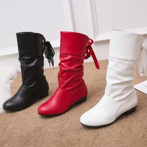 Fashion Boots for Women 2021 Autumn New Red Mid Boot Woman Casual Large Size Mid Heel Womens Shoe Black Lace Up Shoes Female