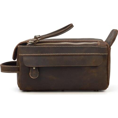 Crazy horse genuine leather men wrist wash bag casual travel cosmetic case vintage cow leather makeup bag handbag toiletry bags