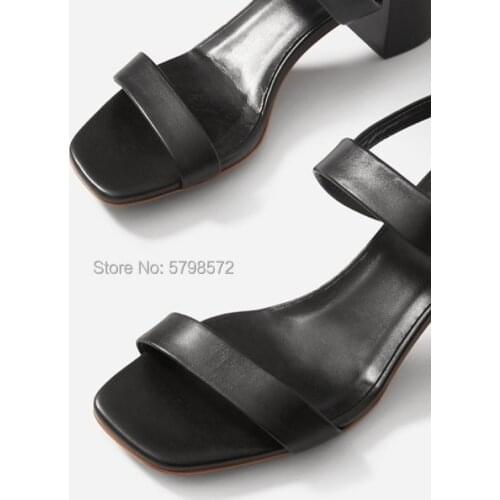 Summer new European and American simple leather womens sandals square toe open thick heel one word buckle belt womens shoes