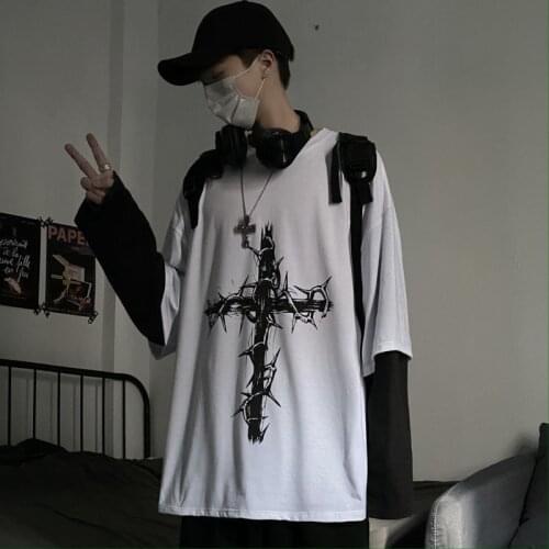 Autumn white black new trend ins dark hip-hop cross print loose large size fake two long-sleeved T-shirts for men and women
