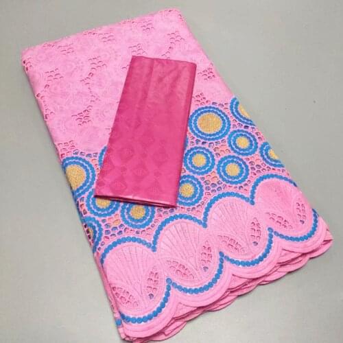 New Design Pink 2.5+2.5yards 100% Cotton Swiss Lace with Bazin Riche Brocade Fabric with Stones for Women Dress YT707-1