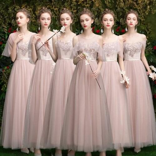 Bridesmaids Dresses Illusion A-Line Spaghetti Straps Floor-Length Sequined Embroidery Tulle V-Neck Women Wedding Party Gown E311
