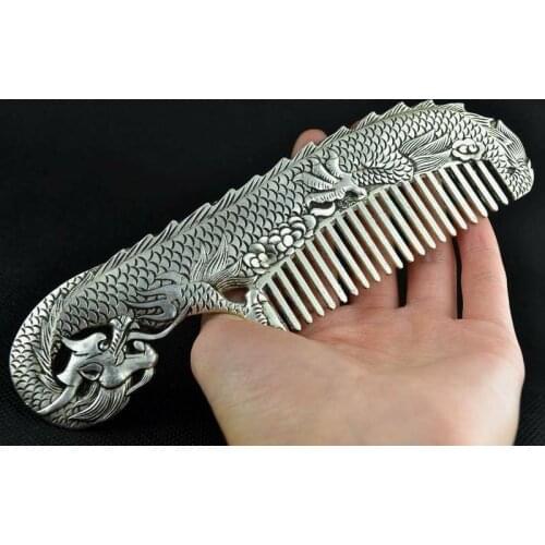 Rare Chinese Handmade Tibet Silver & White Copper Carving Dragon Comb