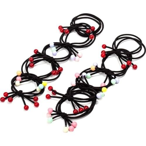 Korean 10Pcs Women Girls Black Elastic Hair Bands Scrunchy Ponytail Holders Red Cherry Lady Headwear Hair Accessories Rubber Gum
