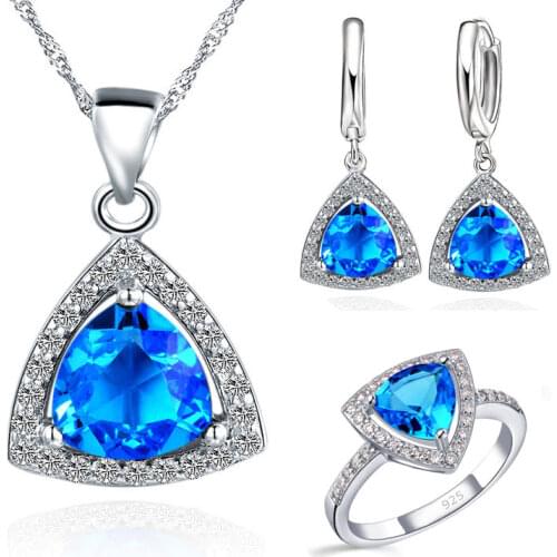 Blue Jewelry Sets Fat Triangle Cubic Zirconia Stone 925 Sterling Silver Earrings Pendant Necklaces Finger Rings US6-9