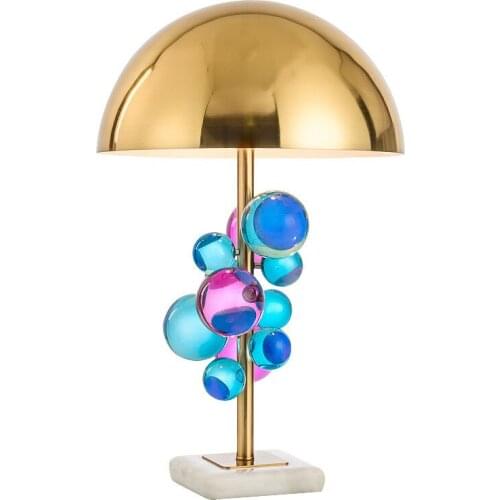 Modern Golden Plated Hemisphere Shade Crystal / Multicolor Beards Decor with Square Marble Base Table Lamp Bedroom Bedside Lamp