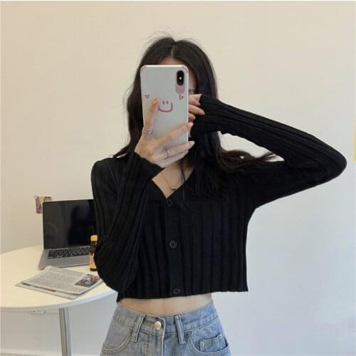 Spring Knitted Shirts Cardigan Long Sleeve V-Neck Casual Single Breasted Striped Knitwear Cropped Tops Slim Fit T-Shirt Solid