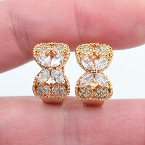 Gold Color Women White Cubic Zirconia CZ Bowknot Huggie Hoop Earrings Jewelry