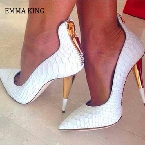 2020 Sexy Women White Pumps Pointed Toe High Heels Shoes Alligator Pattern Zipper Cone Heel Banquet Stiletto Heels Zapatos Mujer