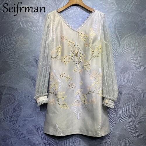 Seifrmann Spring Women Fashion Runway Party Short Dress Lantern Sleeve Gorgeous Crystal Beading Elegant Ladies A-Line Dresses