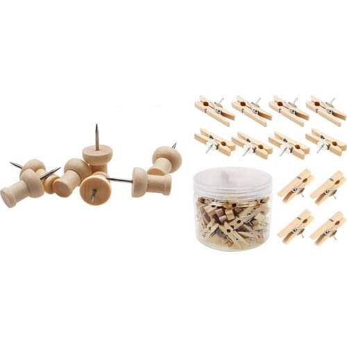 80 Pcs H-Shape Wood Decorative Push Pins & 50 Pcs Push Pins with Wooden Clips Thumbtacks